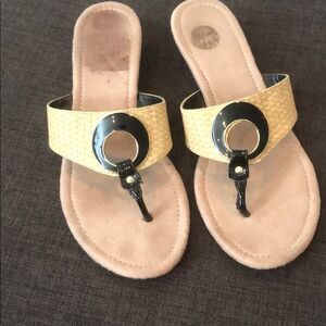 Woven look tan and black trim sandals